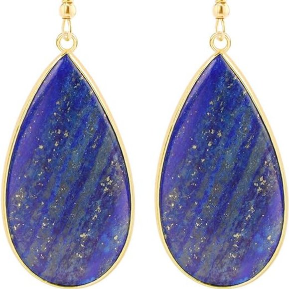 Lapis Stone Earrings Blue Gemstone Water Drop Gem Dangle Charm Gold Frame New - Picture 3 of 4